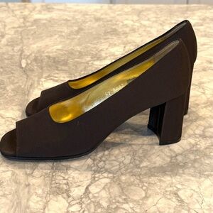 Brown PANCALDI Italy Classic block Heels Pumps open toe neoprene Sz 8AA new